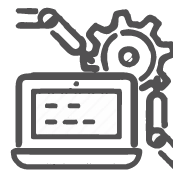 A gray icon depicting a laptop and gears.